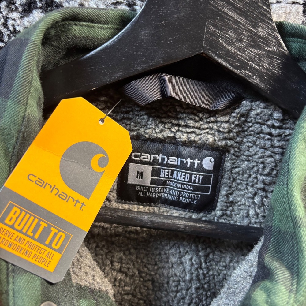 Carhartt Mens Relaxed Fit Sherpa Lined Plaid Shirt Jac Green Black Medium NWT - Picture 3 of 6